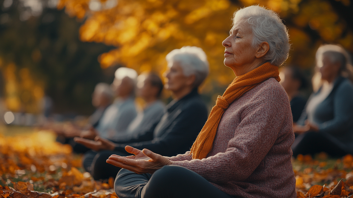 Група старших людей практикує йогу